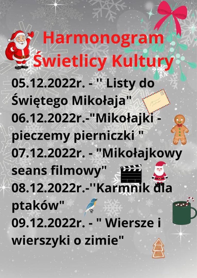 Harmonogram zajęć w Świetlicy Kultury w Malechowie.