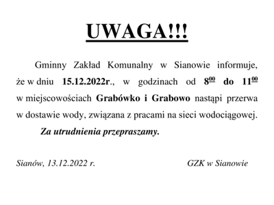 Informacja o przerwie w dostawie wody w Grabowie i Grabówku.