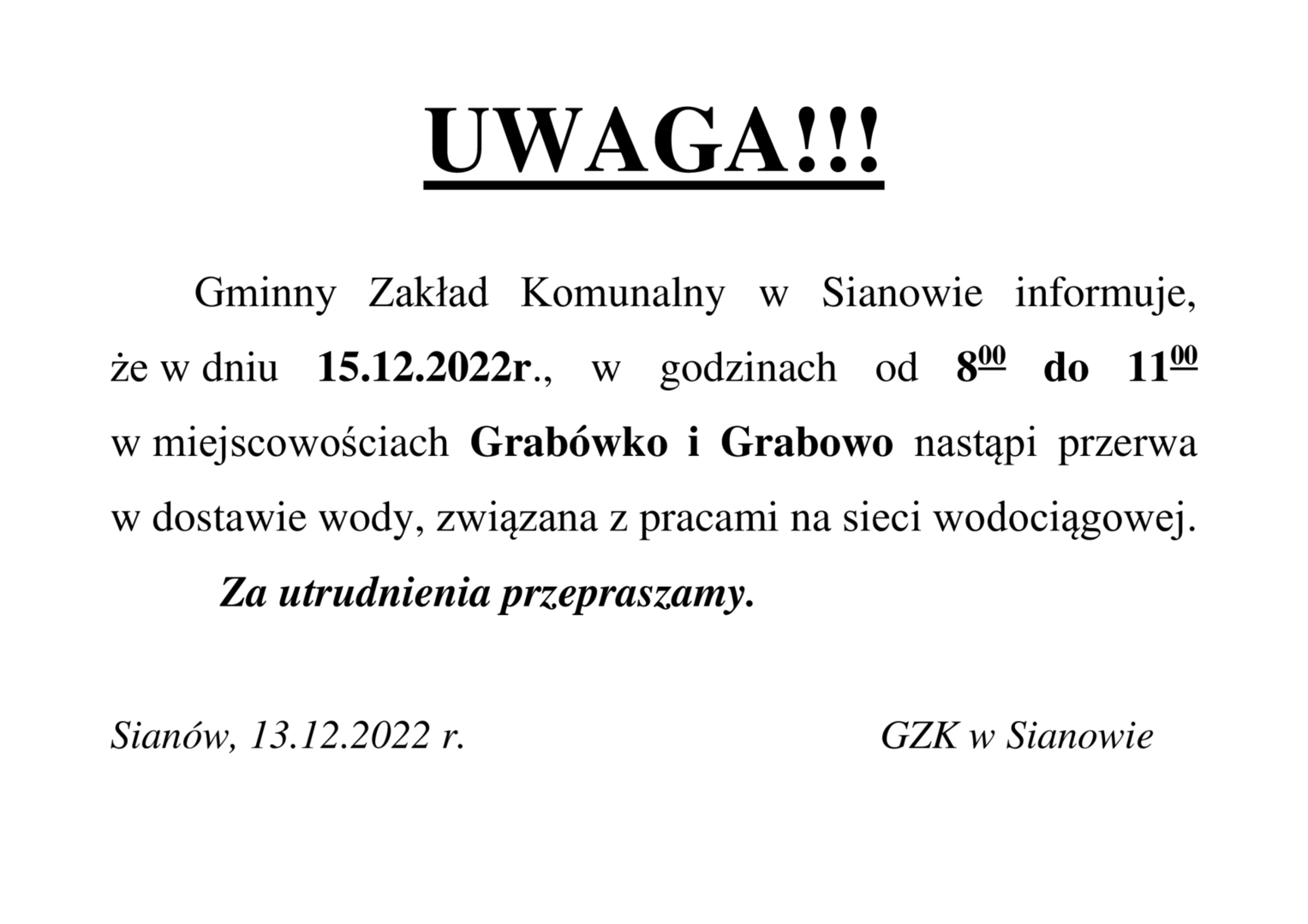 Informacja o przerwie w dostawie wody w Grabowie i Grabówku.