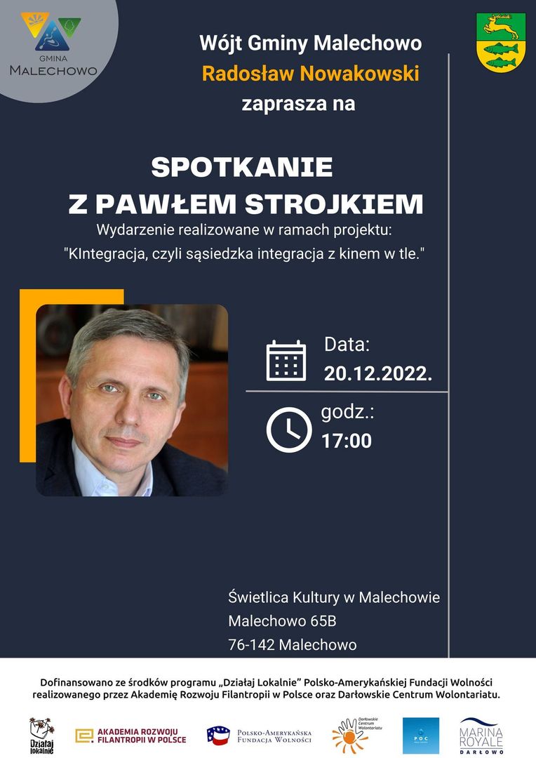 Plakat dotyczący spotkania z producentem filmowym w Świetlicy Kultury we wtorek, 20 grudnia.