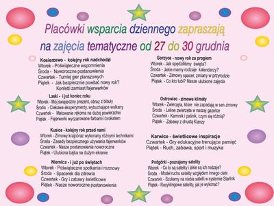 Zajęcia w Placówkach Wsparcia Dziennego w dniach 27-30 grudnia.