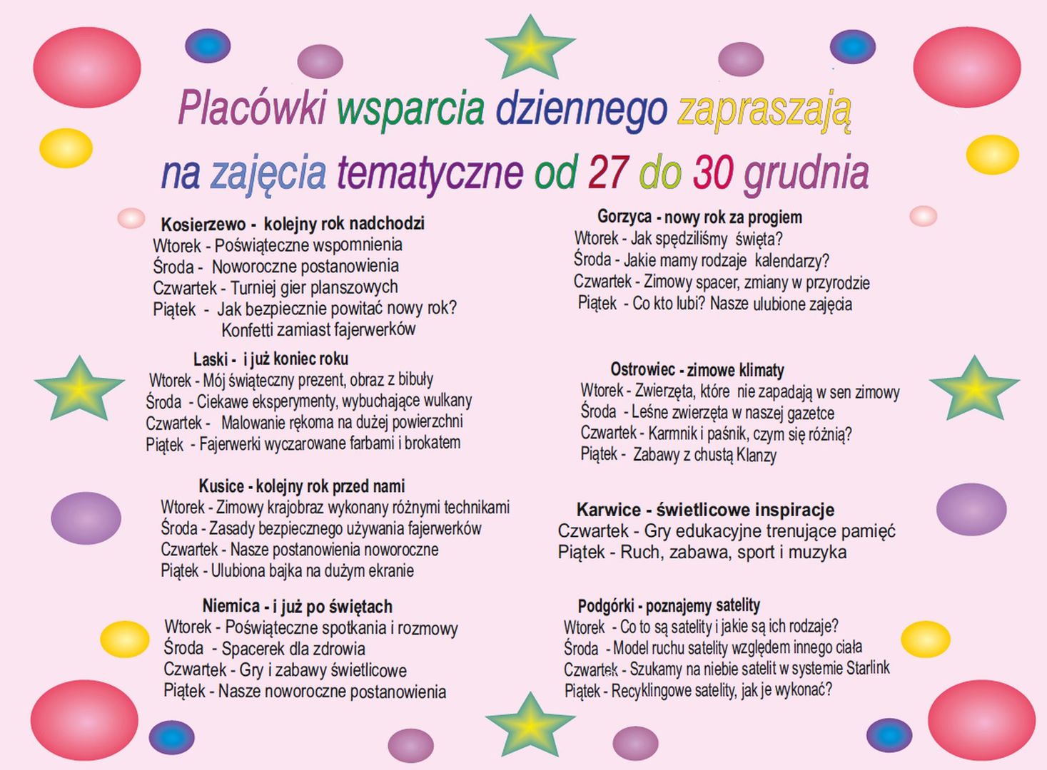 Zajęcia w Placówkach Wsparcia Dziennego w dniach 27-30 grudnia.