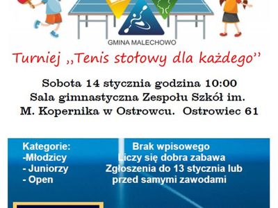 Plakat dotyczący turnieju tenisa stołowego.