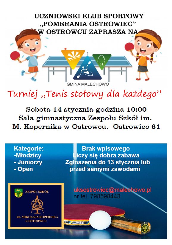 Plakat dotyczący turnieju tenisa stołowego.