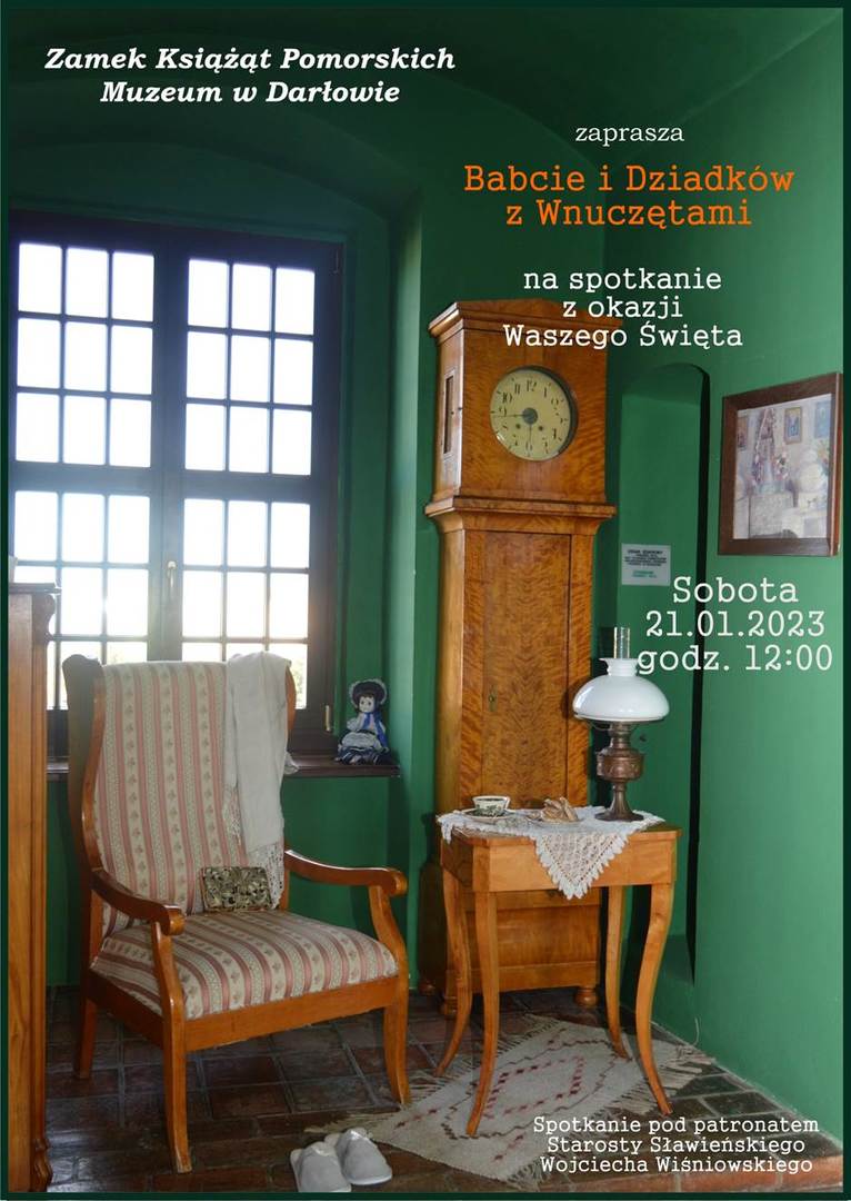 Plakat informujący o spotkaniu z okazji Dnia Babci i Dziadka.