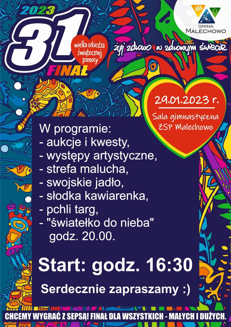 Plakat ogólny informujący o gminnym finale WOŚP.