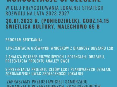 Plakat informujący o konsultacja społecznych dotyczących Lokalnej Strategii Rozwoju na lata 2023-2027.