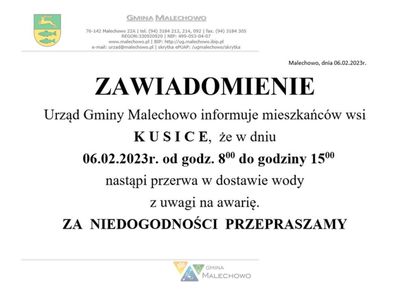 Zawiadomienie o przerwie w dostawie wody w Kusicach.