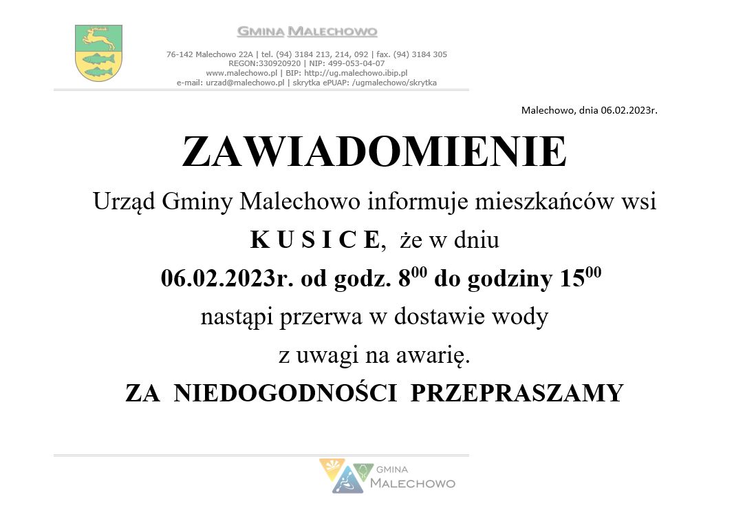 Zawiadomienie o przerwie w dostawie wody w Kusicach.
