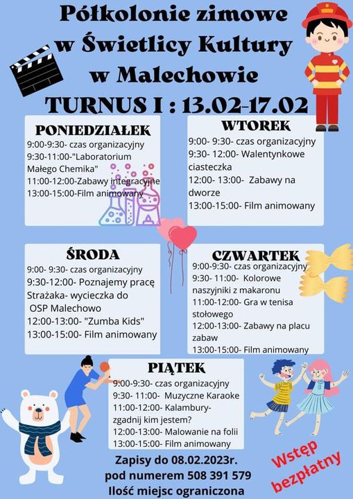 Program pierwszego turnusu półkolonii w Świetlicy Kultury w Malechowie.
