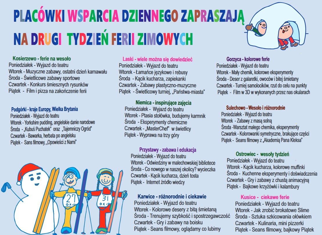Harmonogram zajęć w Placówkach Wsparcia Dziennego na terenie gminy Malechowo.