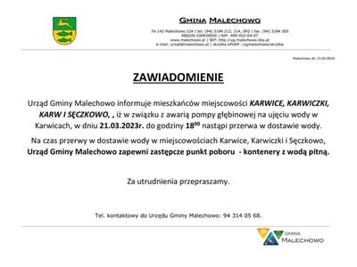 Zawiadomienie o przerwie w dostawach wody.