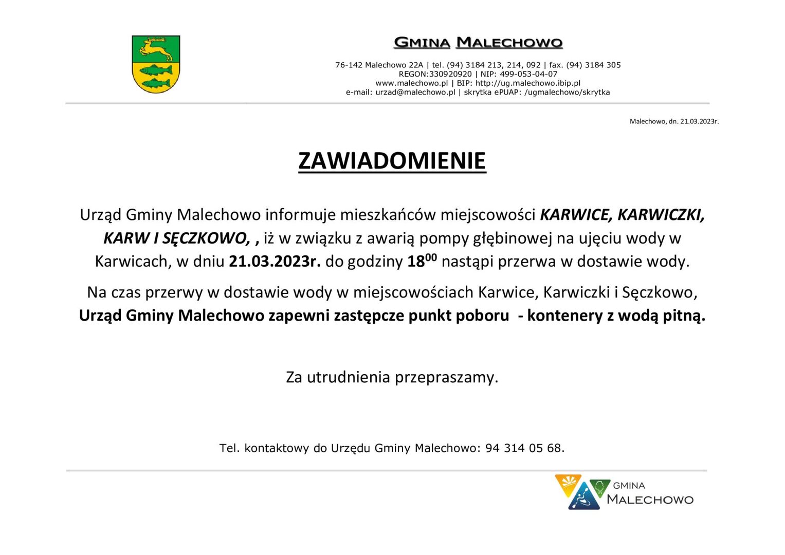 Zawiadomienie o przerwie w dostawach wody.