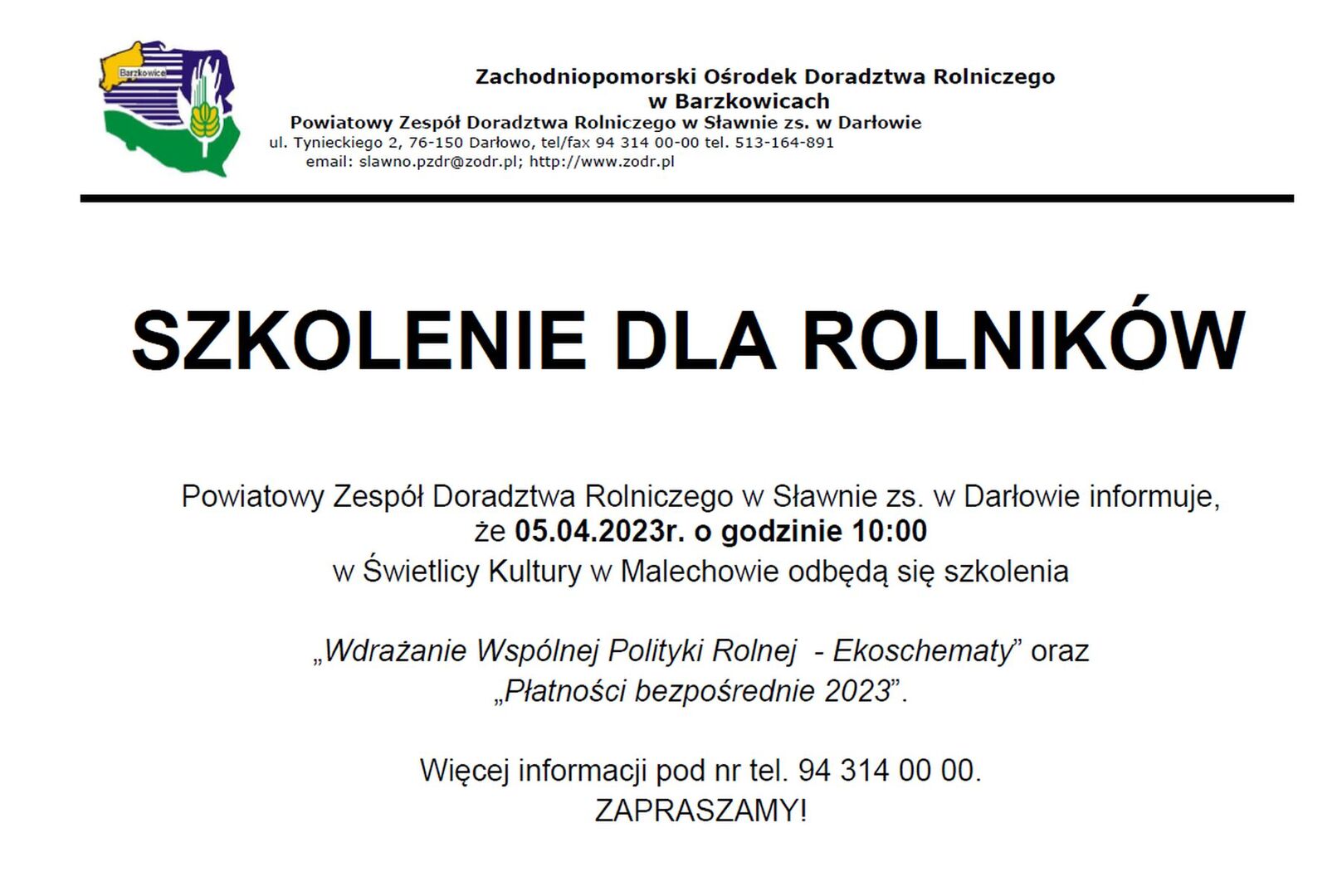 Informacja o szkoleniu dla rolników.