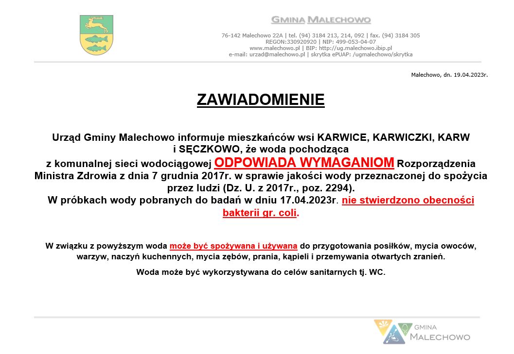 Komunikat o wodzie przydatnej do spożycia.