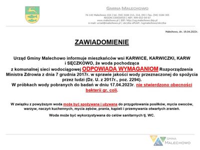 Komunikat o wodzie przydatnej do spożycia.