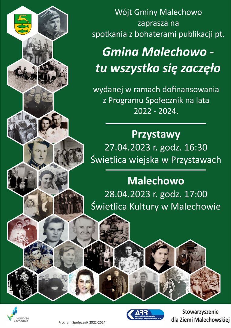 Plakat informujący o spotkania dotyczących publikacji książki "Gmina Malechowo - tu wszystko się zaczęło".