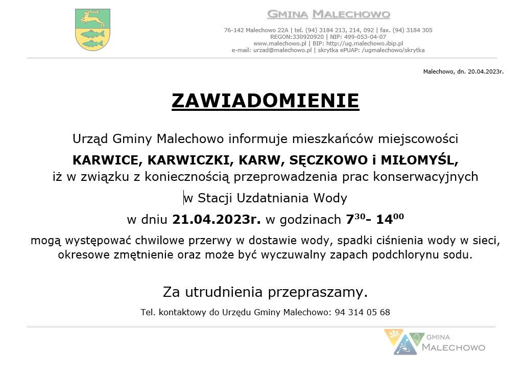 Informacja o utrudnieniach w Karwicach, Karwiczkach, Karwie, Sęczkowie i Miłomyślu. 