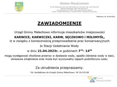 Informacja o utrudnieniach w Karwicach, Karwiczkach, Karwie, Sęczkowie i Miłomyślu.