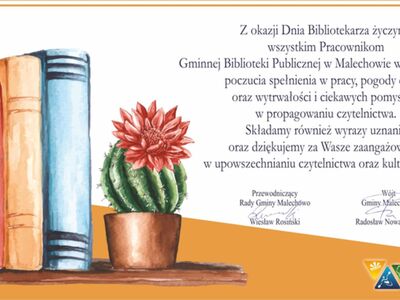 Grafika z życzeniami z okazji Dnia Bibliotekarza.