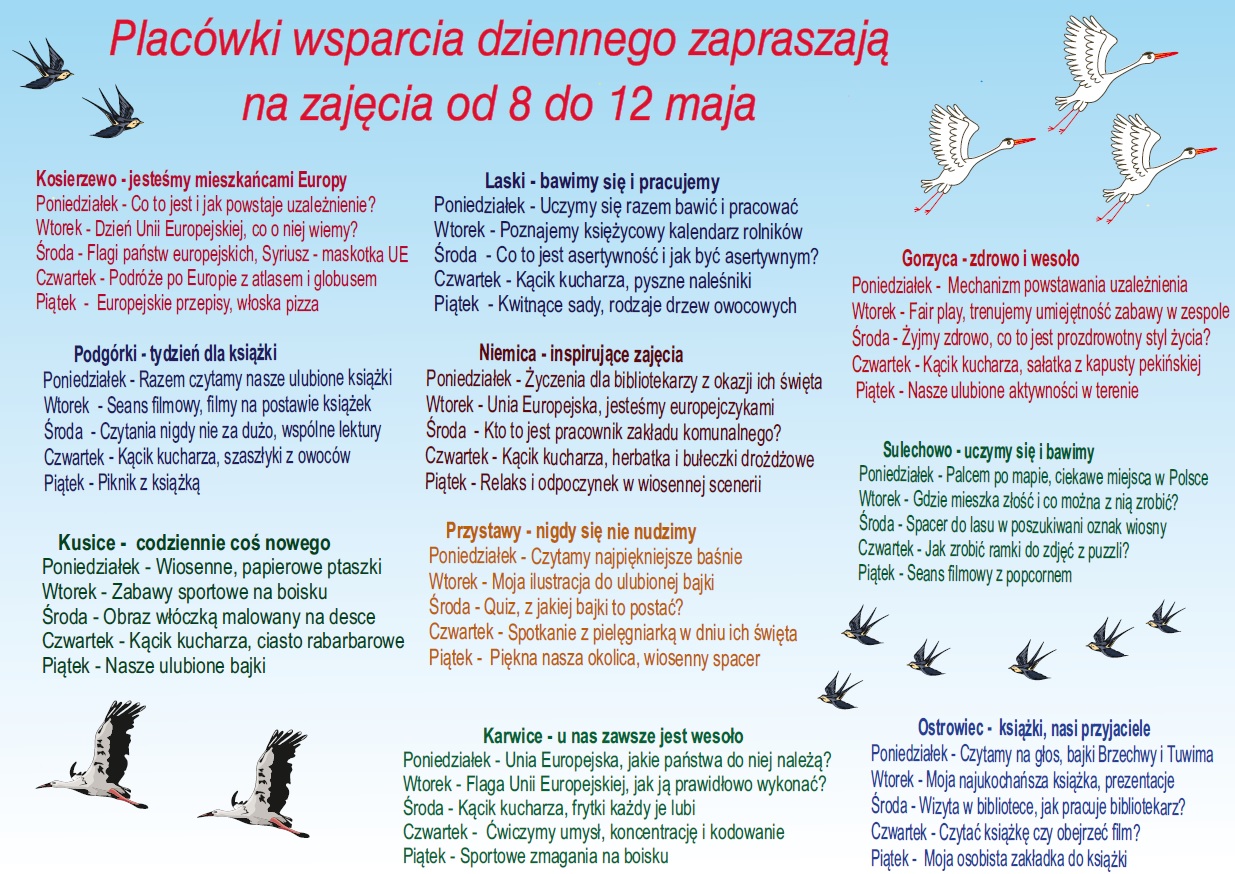 Harmonogram zajęć PWD w poszczególnych miejscowościach.