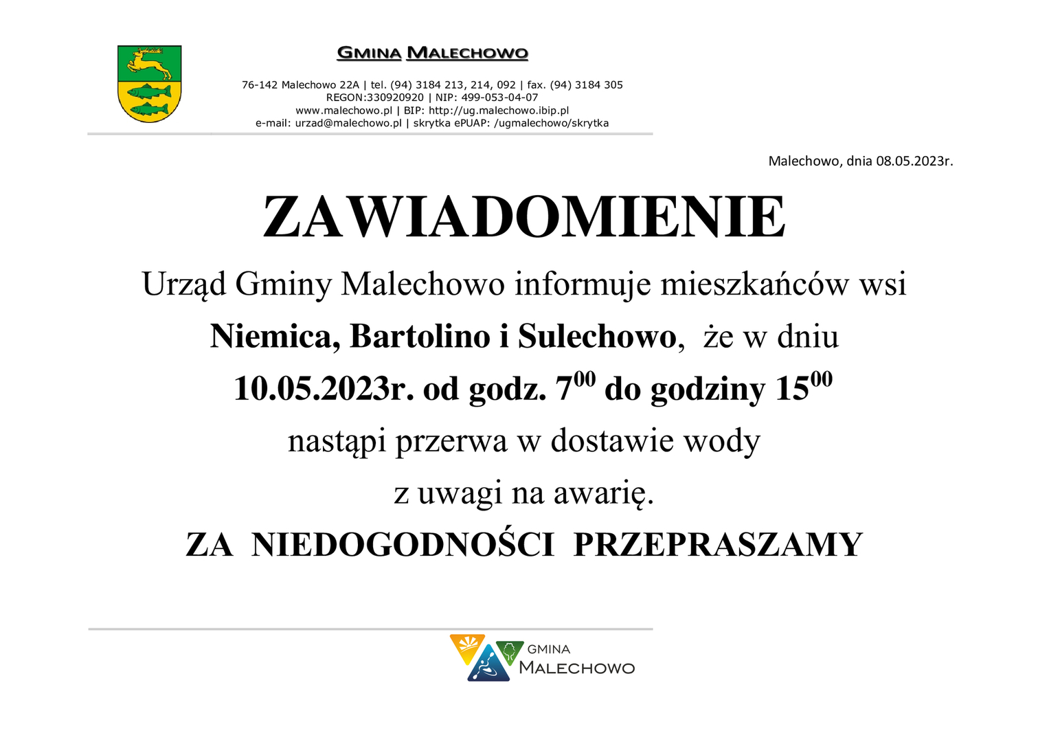 Zawiadomienie o przerwie w dostawie wody.