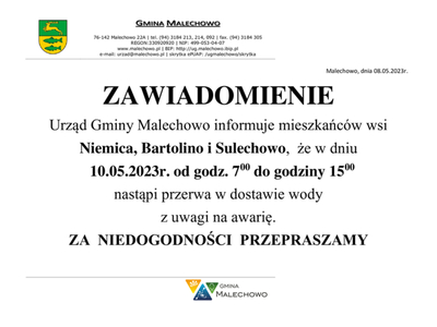 Zawiadomienie o przerwie w dostawie wody.