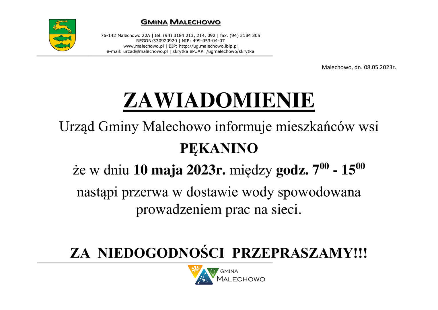 Zawiadomienie o przerwie w dostawie wody.