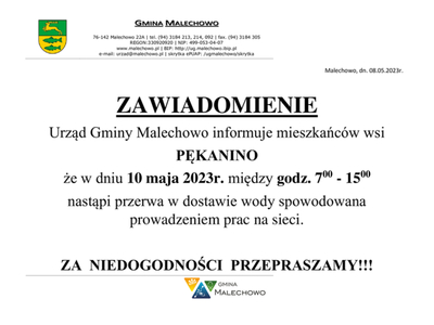Zawiadomienie o przerwie w dostawie wody.