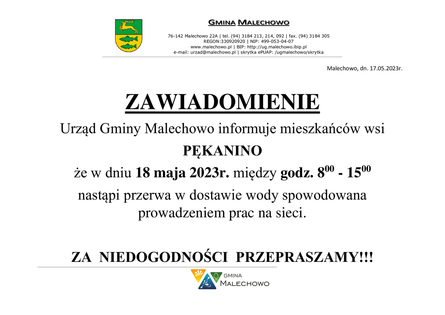 Zawiadomienie o przerwie w dostawie wody w miejscowości Pękanino w dniu 18.05.2023 r.