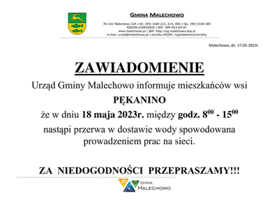 Zawiadomienie o przerwie w dostawie wody w miejscowości Pękanino w dniu 18.05.2023 r.
