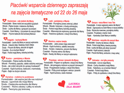 Harmonogram zajęć Placówek Wsparcia Dziennego.