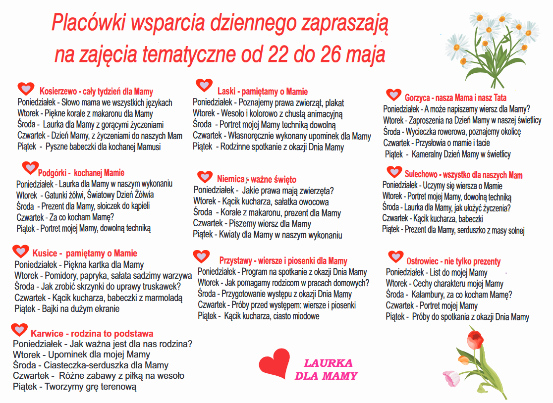Harmonogram zajęć Placówek Wsparcia Dziennego.