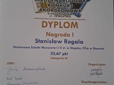 Dyplom z V Międzynarodowym Konkursie Akordeonowym.
