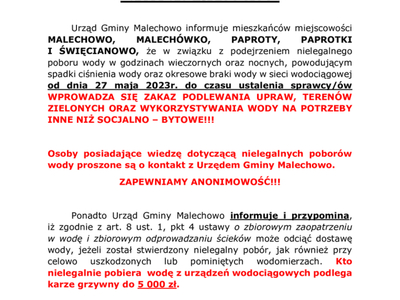 Zawiadomienie o nielegalnym poborze wody.