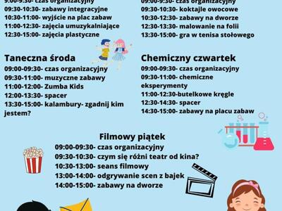 Plakat informujący o zapisach na zajęcia wakacyjne w Świetlicy Kultury w Malechowie.