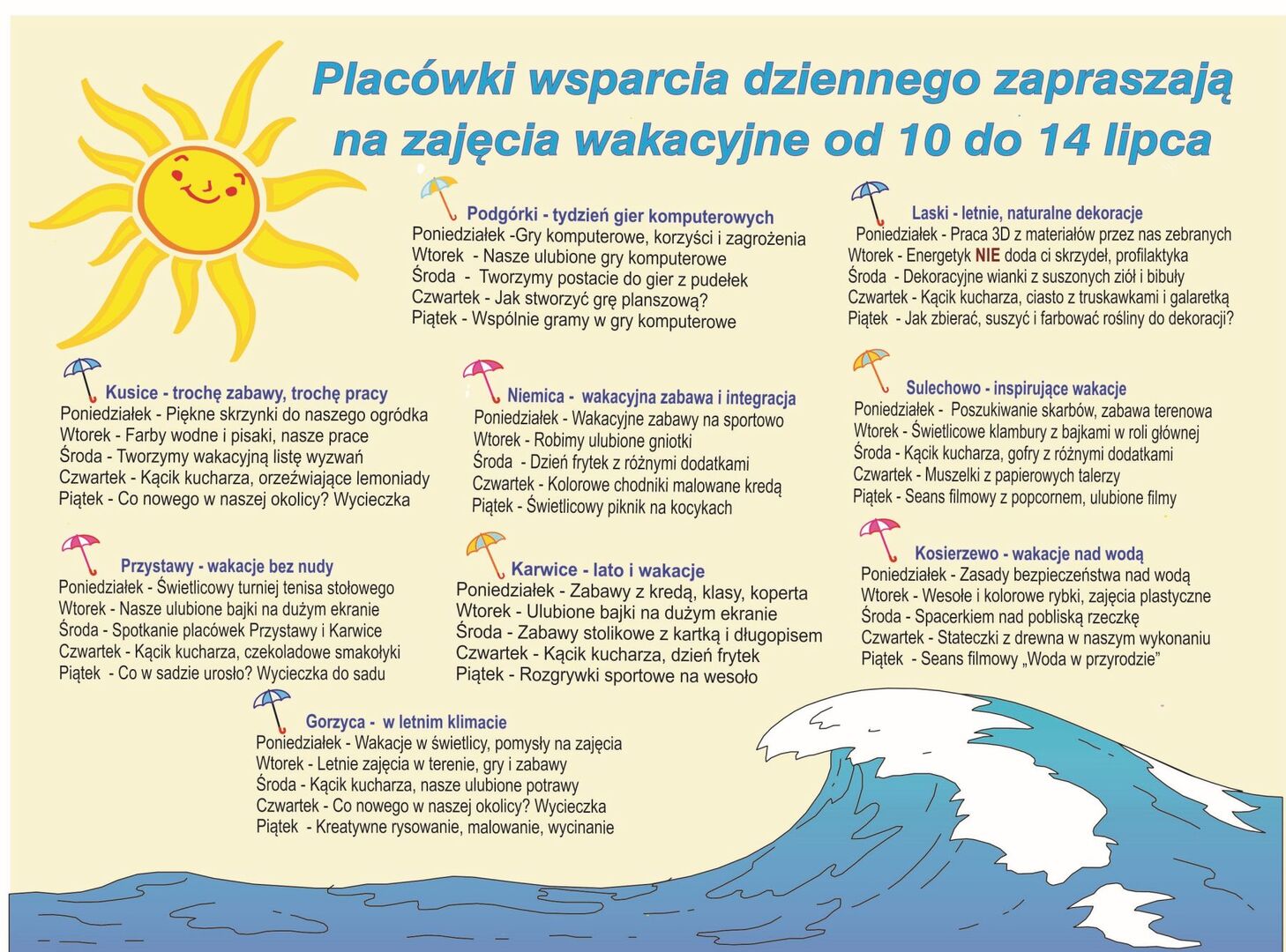 Harmonogram zajęć poszczególnych Placówkach Wsparcia Dziennego.