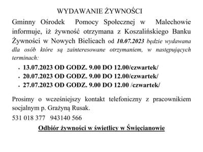 Harmonogram wydawania żywności przez GOPS Malechowo.