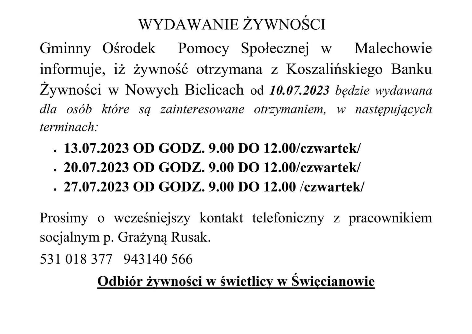 Harmonogram wydawania żywności przez GOPS Malechowo.