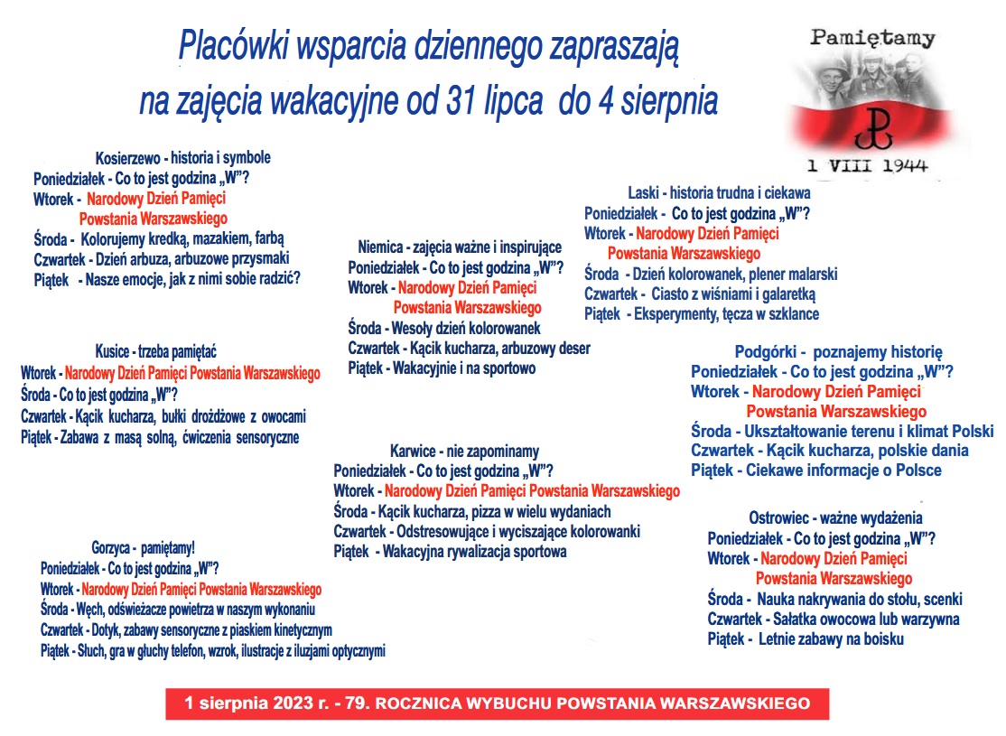 Harmonogram zajęć w Placówkach Wsparcia Dziennego.