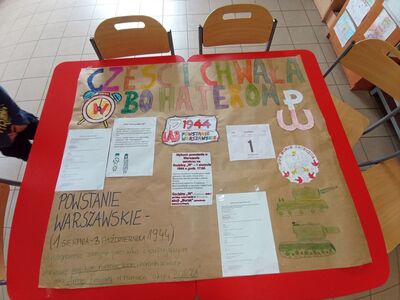 Plakat wykonany przez dzieci z PWD z Lasek z informacjami o Powstaniu Warszawskim.