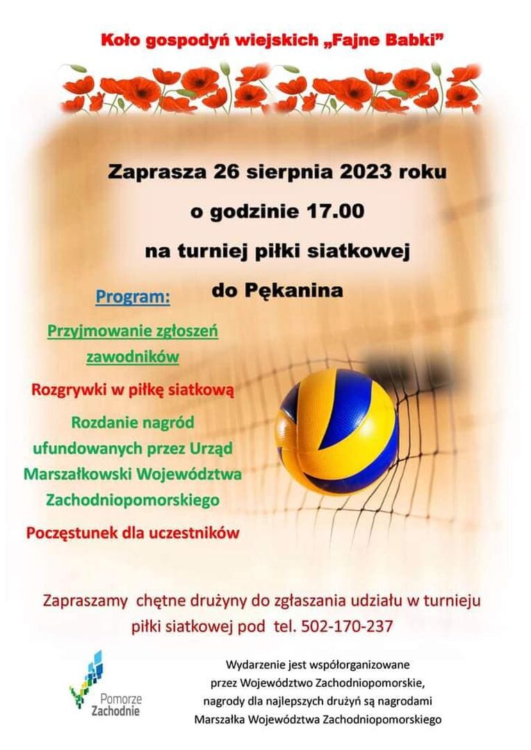 Plakat informujący o turnieju piłki siatkowej w Pękaninie.
