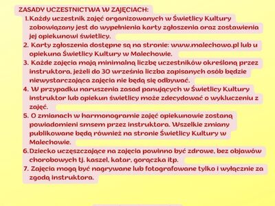 Plakat informujący o zasadach uczestnictwa w zajęciach