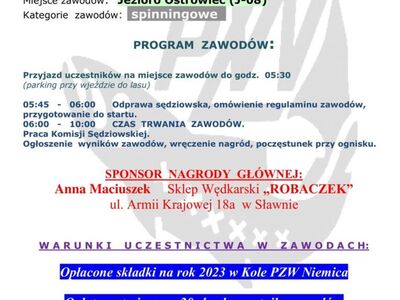 Plakat informujący o zawodach spinningowych.