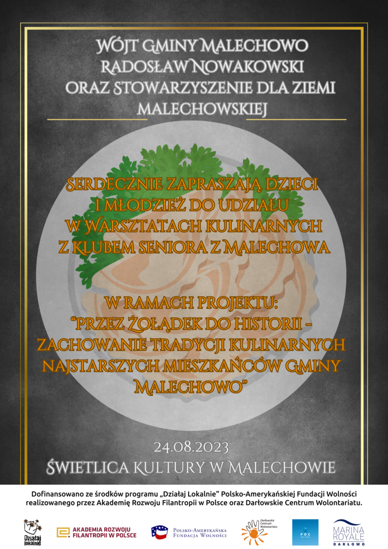 Plakat informujący o warsztatach kulinarnych z Klubem Seniora w Malechowie.