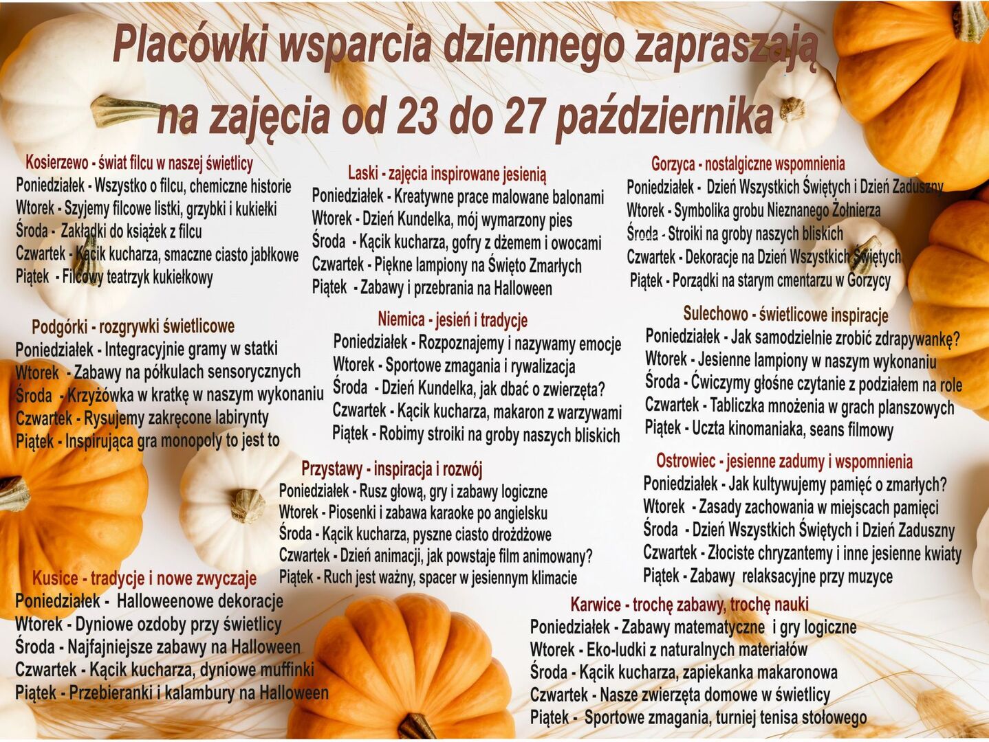 Infografika - harmonogram zajęć w placówkach wsparcia dziennego.