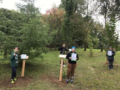 Uczniowie z klasy IV z Lejkowa przy pracy w arboretum.