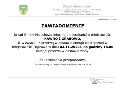 Zawiadomienie o przerwie w dostawie wody.