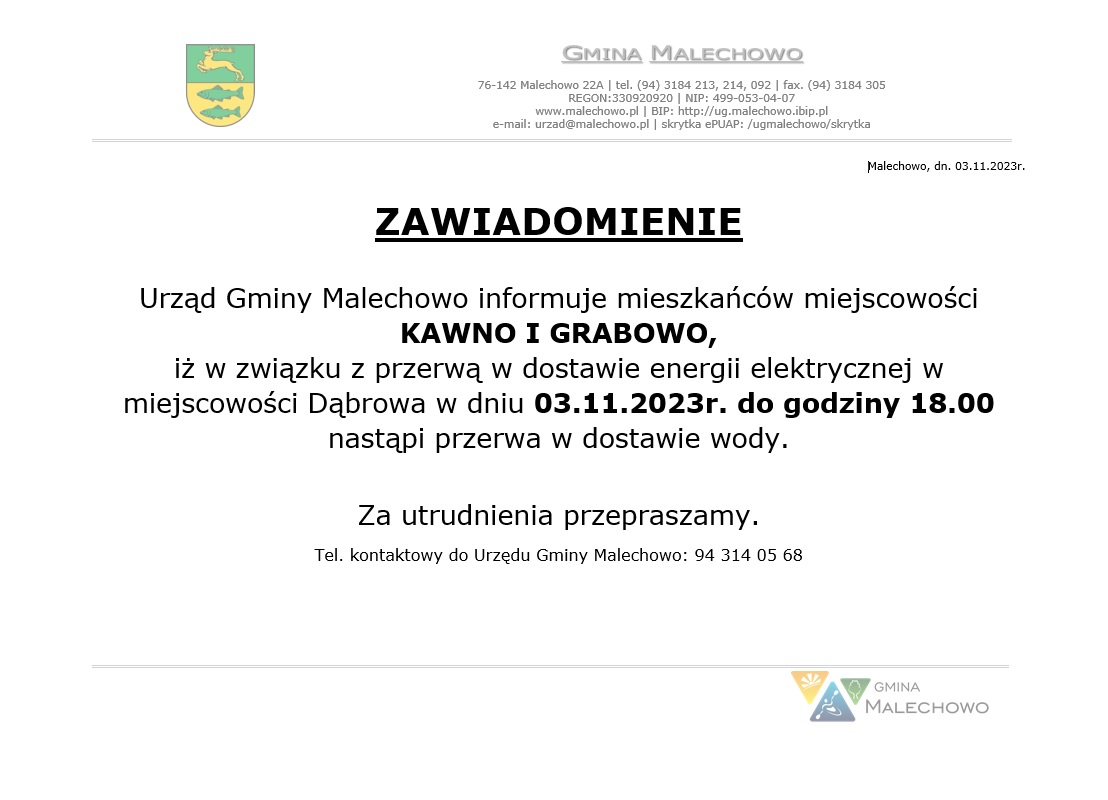 Zawiadomienie o przerwie w dostawie wody.