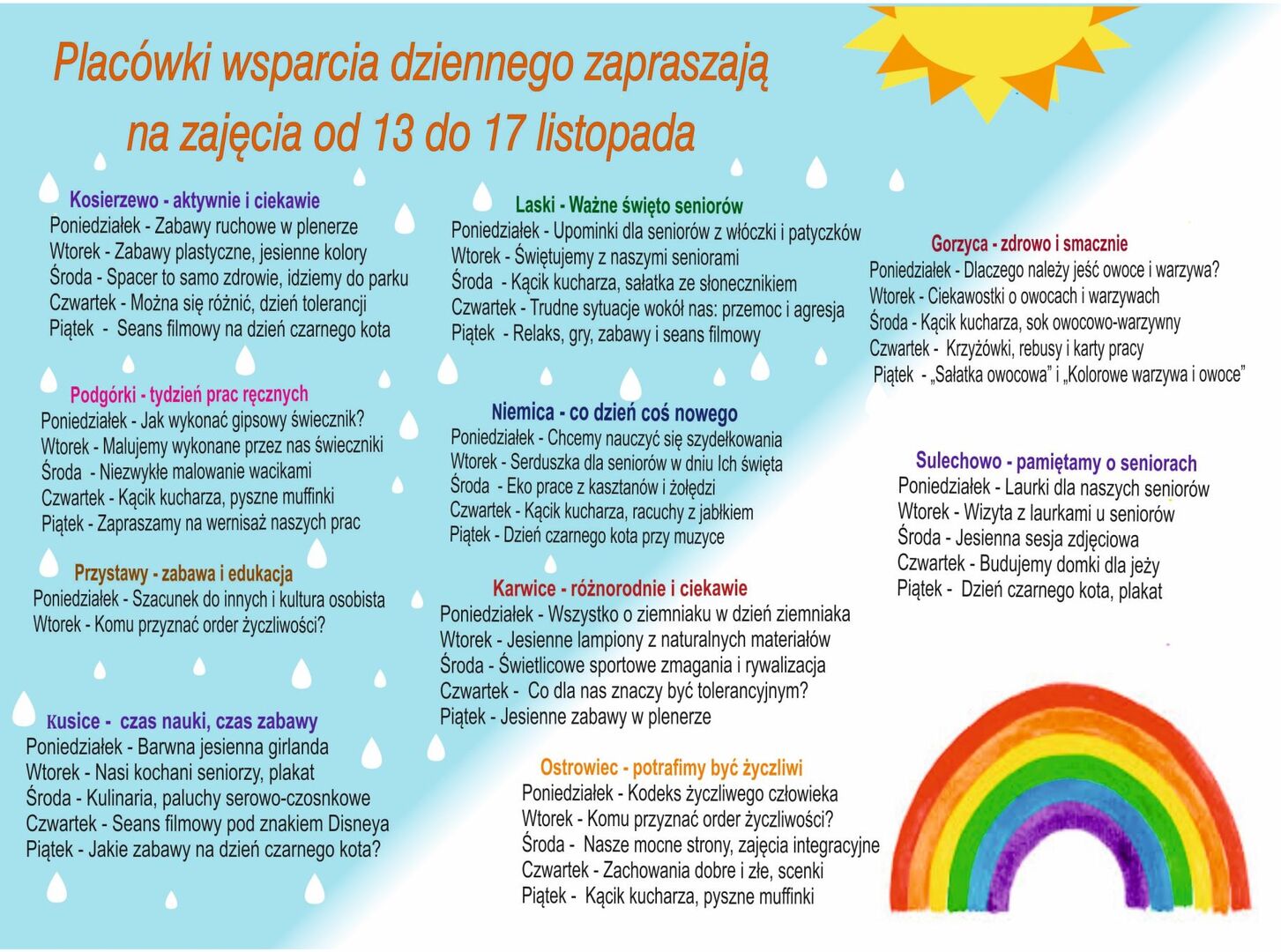 Infografika - harmonogram zajęć w poszczególnych placówkach wsparcia dziennego.